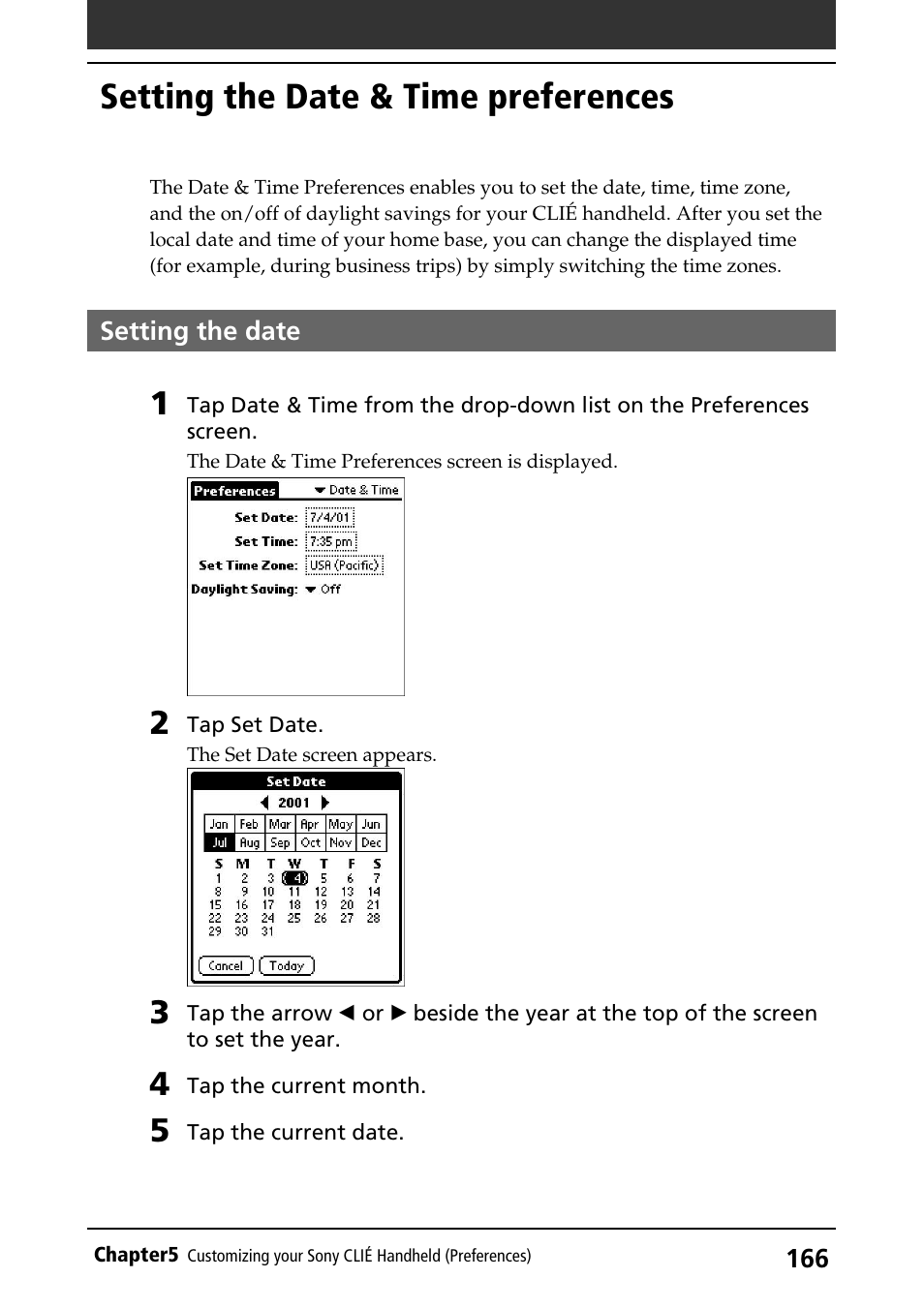 Setting the date & time preferences, Setting the date, Setting the date & time preferences . 166 | Sony PEG-S360 User Manual | Page 166 / 220