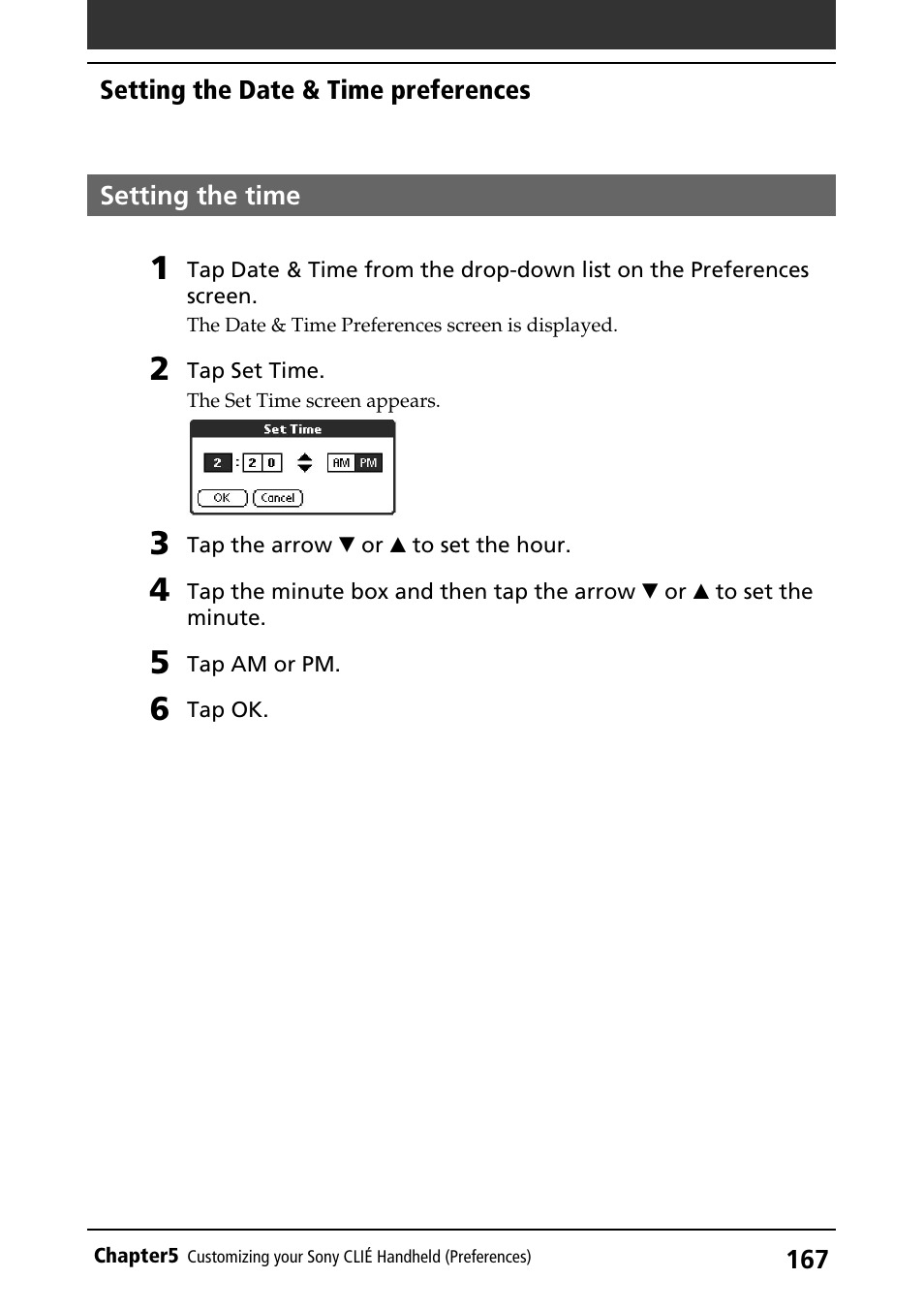 Setting the time | Sony PEG-S360 User Manual | Page 167 / 220