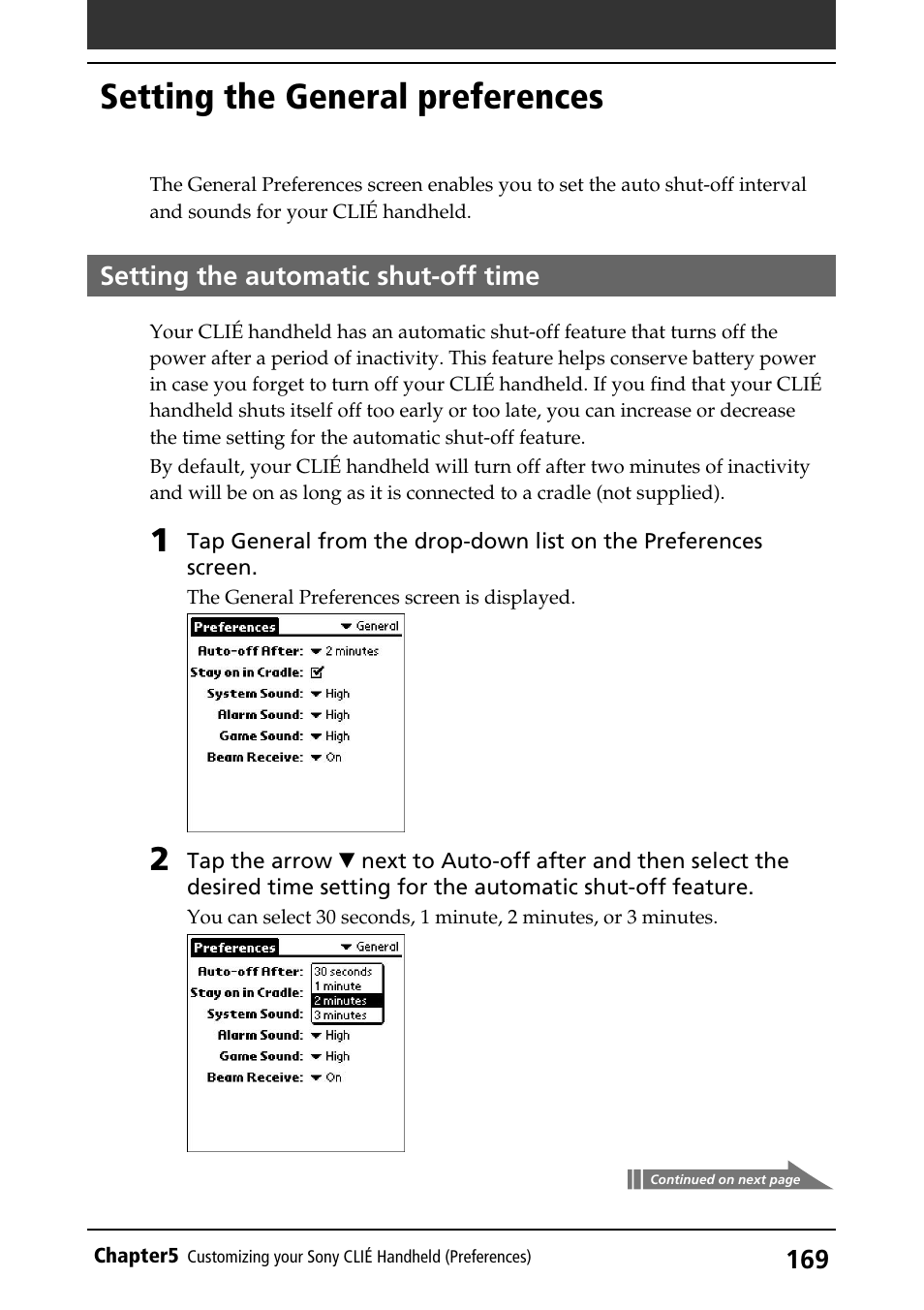 Setting the general preferences, Setting the automatic shut-off time, Setting the automatic shut-off time 169 | Sony PEG-S360 User Manual | Page 169 / 220