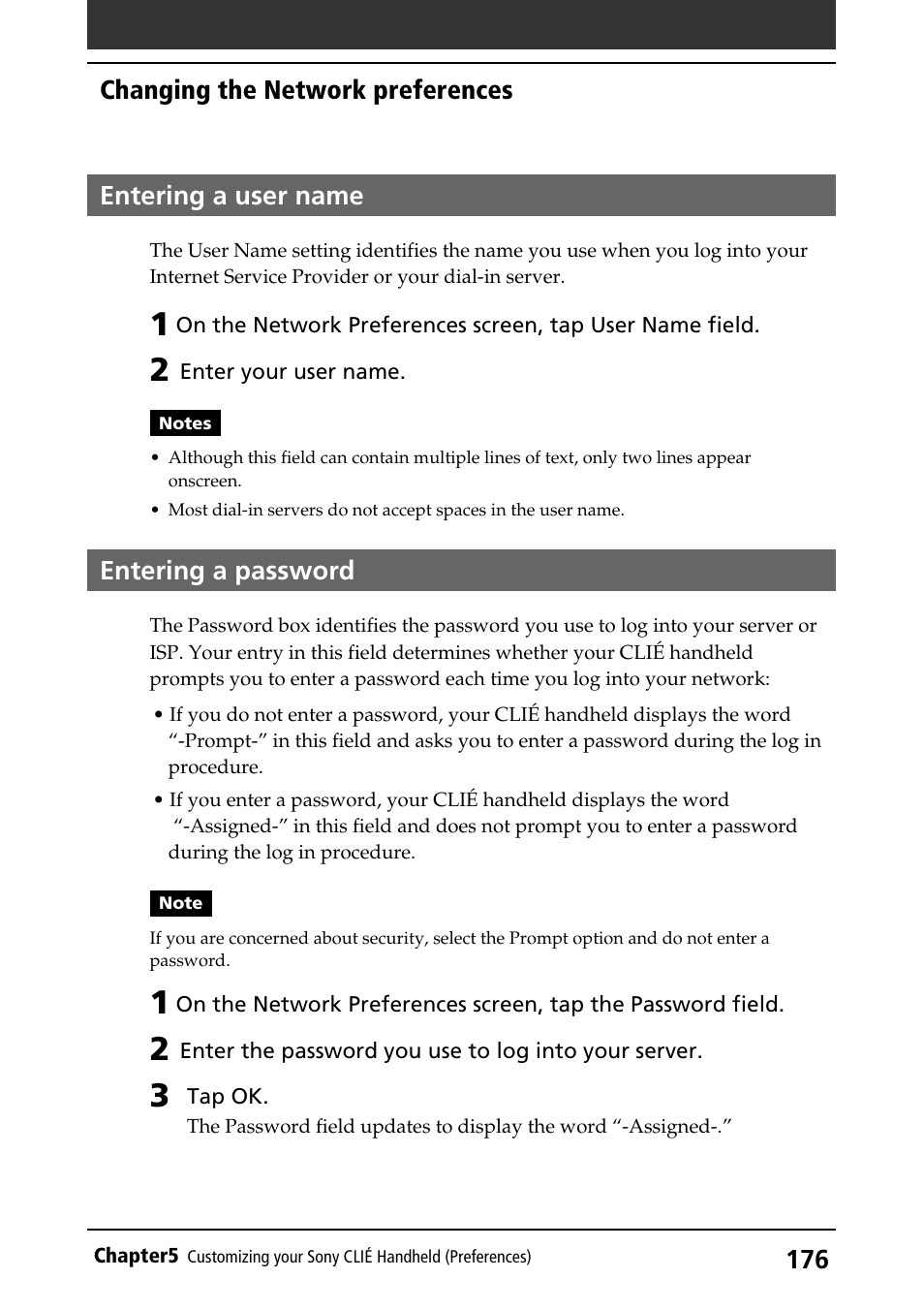 Entering a user name, Entering a password, Changing the network preferences | Sony PEG-S360 User Manual | Page 176 / 220