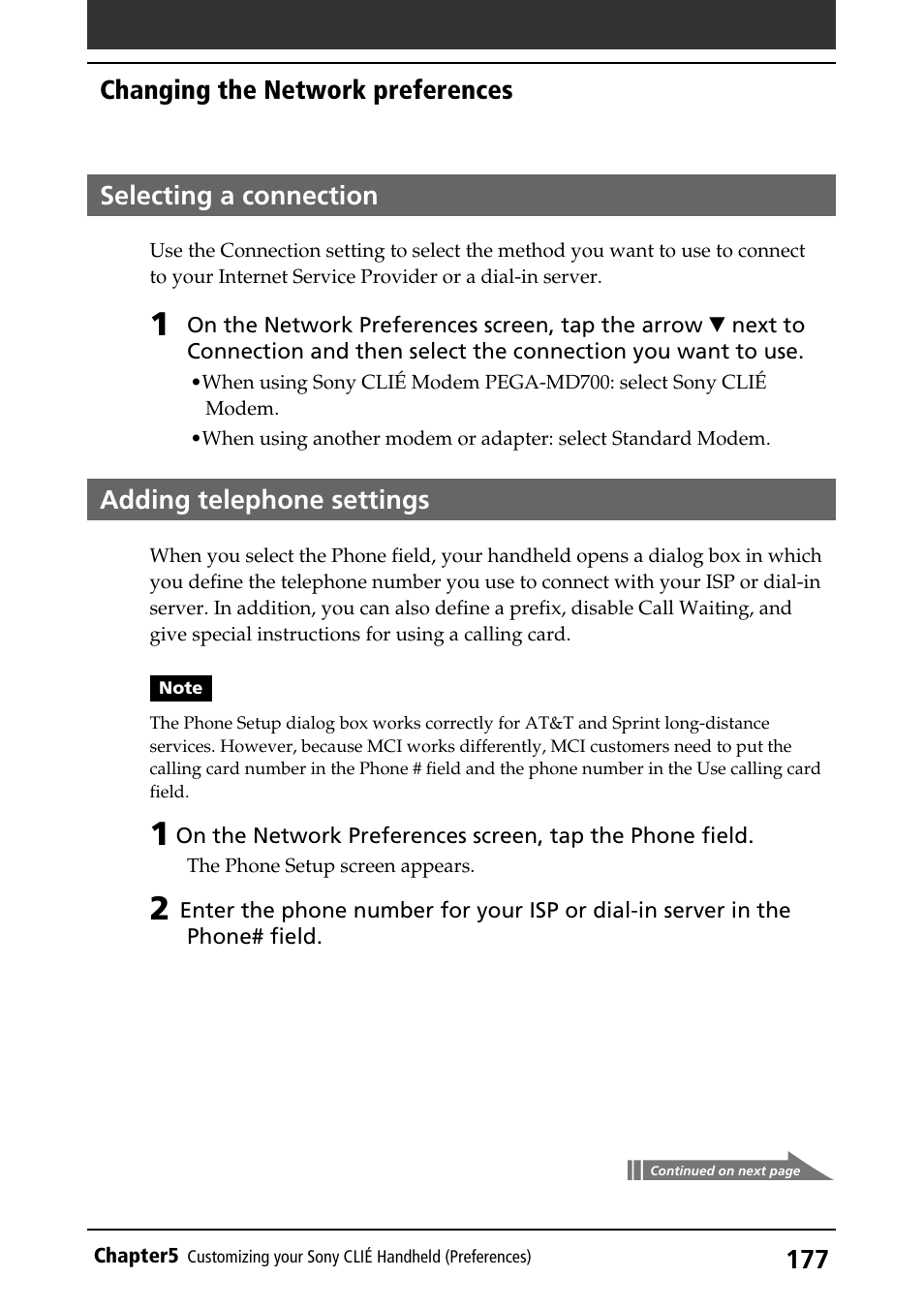 Selecting a connection, Adding telephone settings, Changing the network preferences | Sony PEG-S360 User Manual | Page 177 / 220