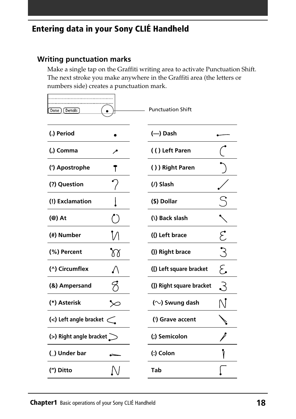 Entering data in your sony clié handheld, Writing punctuation marks | Sony PEG-S360 User Manual | Page 18 / 220