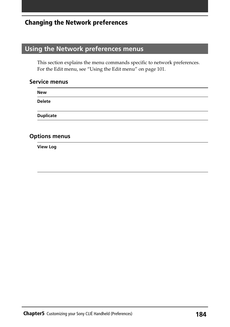 Using the network preferences menus, Changing the network preferences | Sony PEG-S360 User Manual | Page 184 / 220