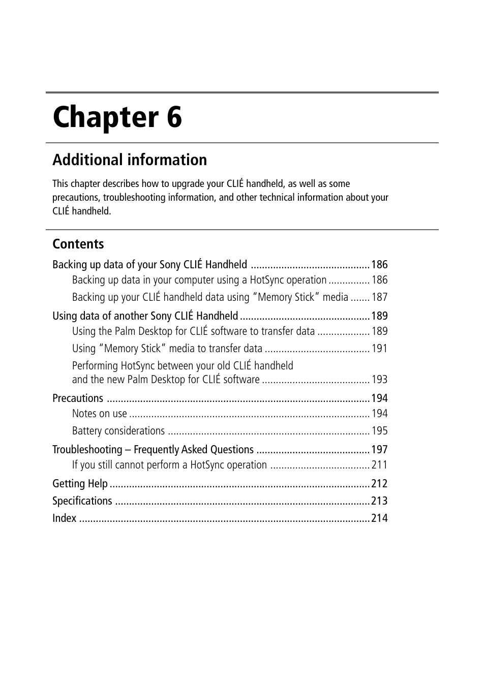 Chapter 6: additional information, Chapter 6, Additional information | Sony PEG-S360 User Manual | Page 185 / 220