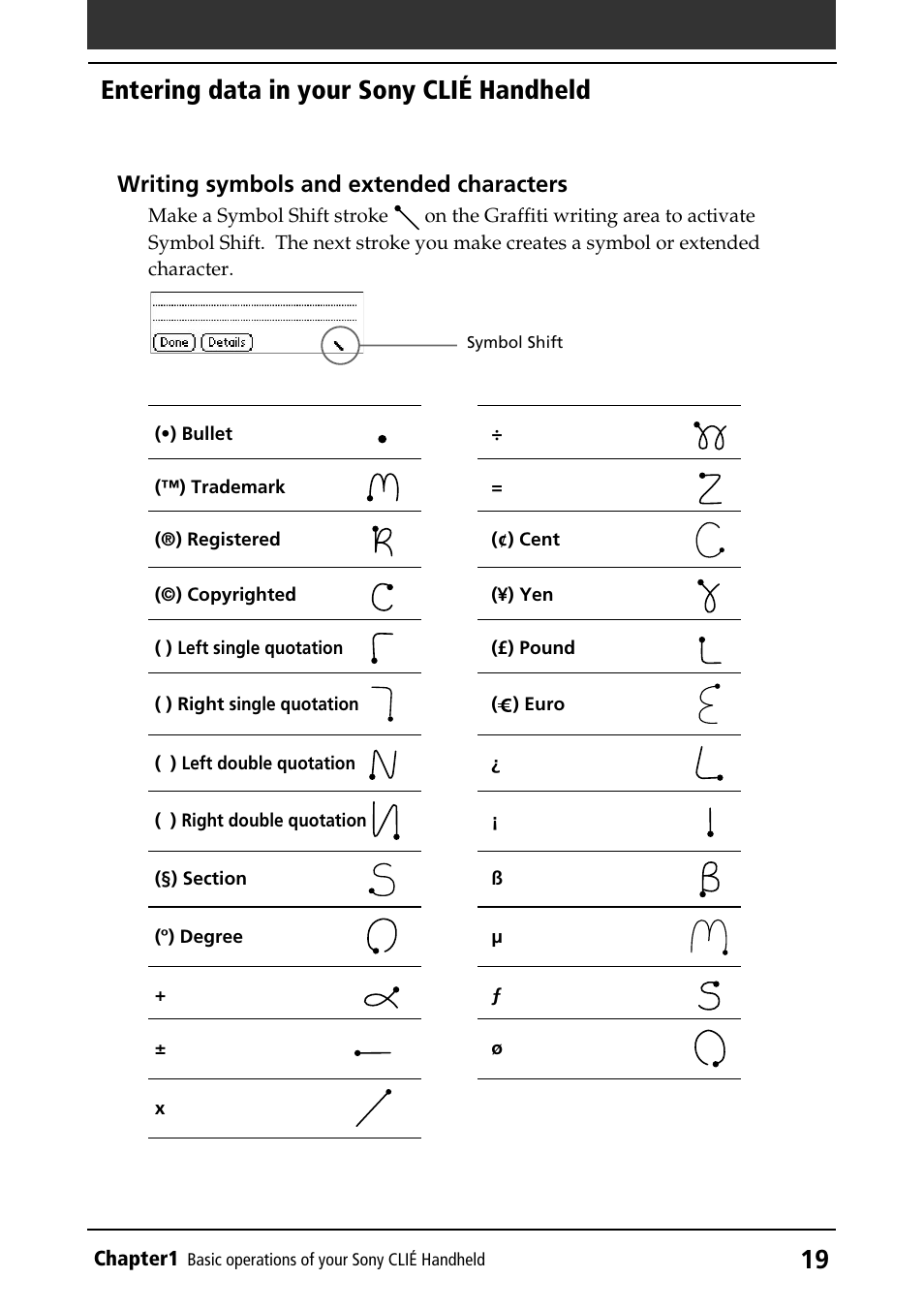 Entering data in your sony clié handheld, Writing symbols and extended characters | Sony PEG-S360 User Manual | Page 19 / 220