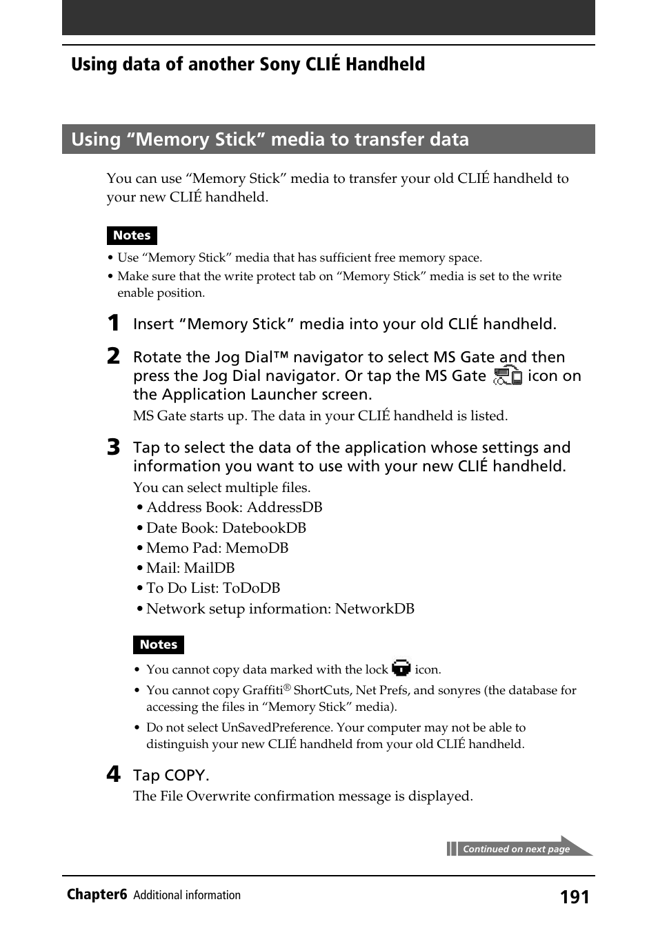 Using “memory stick” media to transfer data, Using data of another sony clié handheld | Sony PEG-S360 User Manual | Page 191 / 220