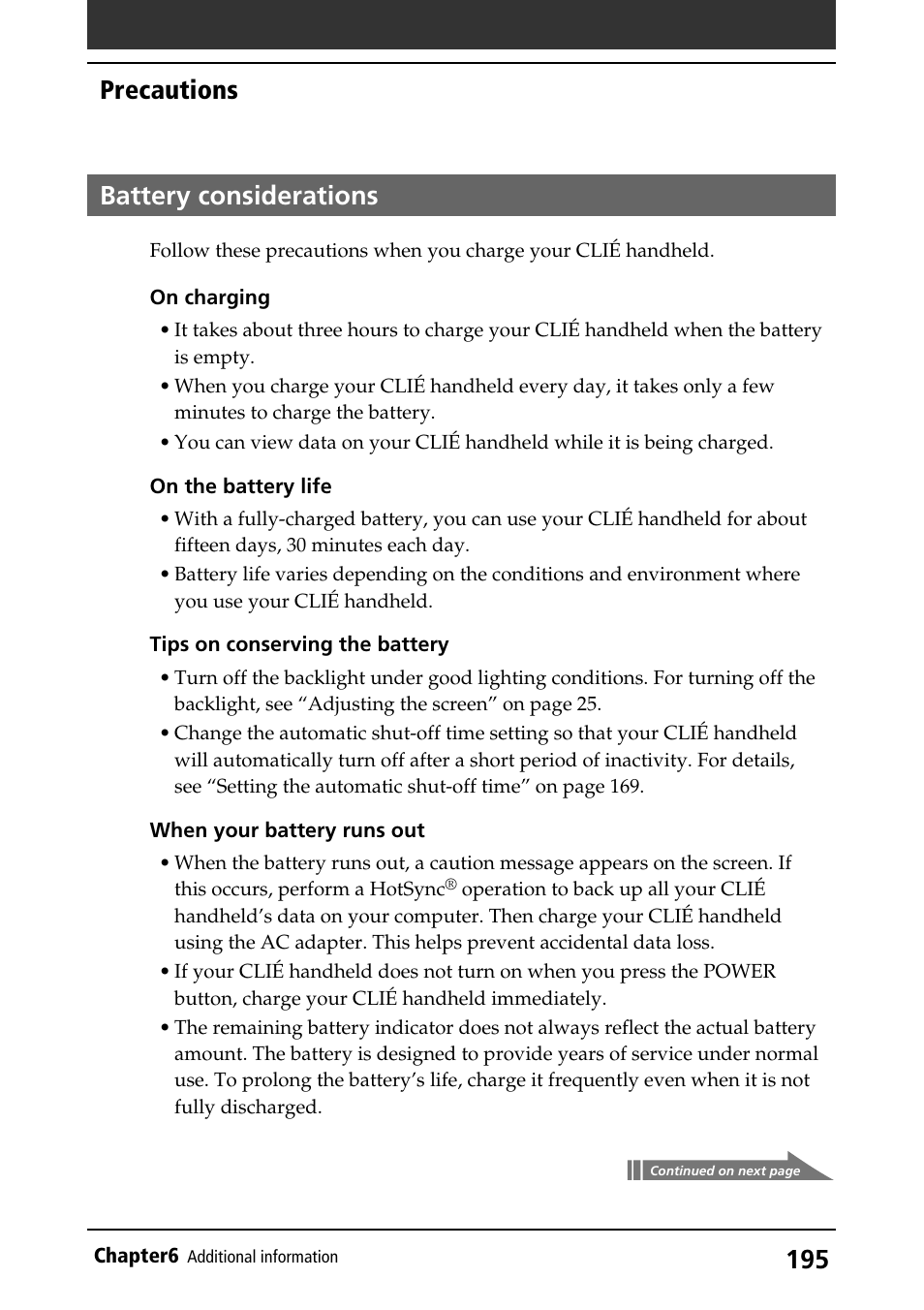 Battery considerations, Precautions | Sony PEG-S360 User Manual | Page 195 / 220