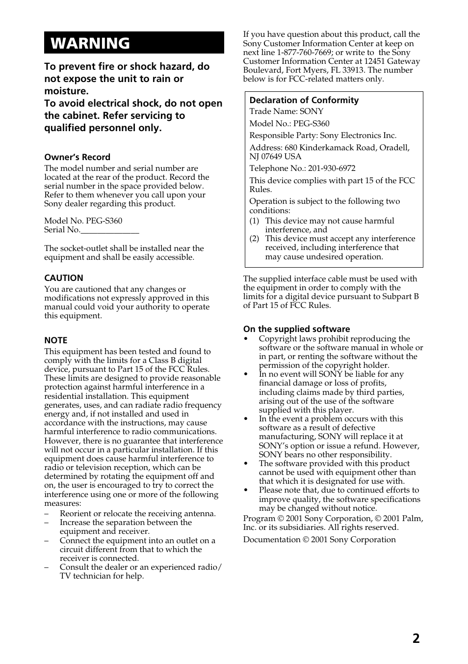 Warning | Sony PEG-S360 User Manual | Page 2 / 220