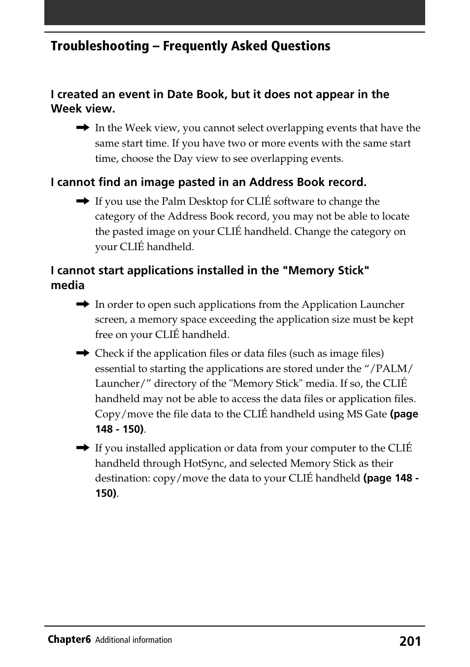 Troubleshooting – frequently asked questions | Sony PEG-S360 User Manual | Page 201 / 220