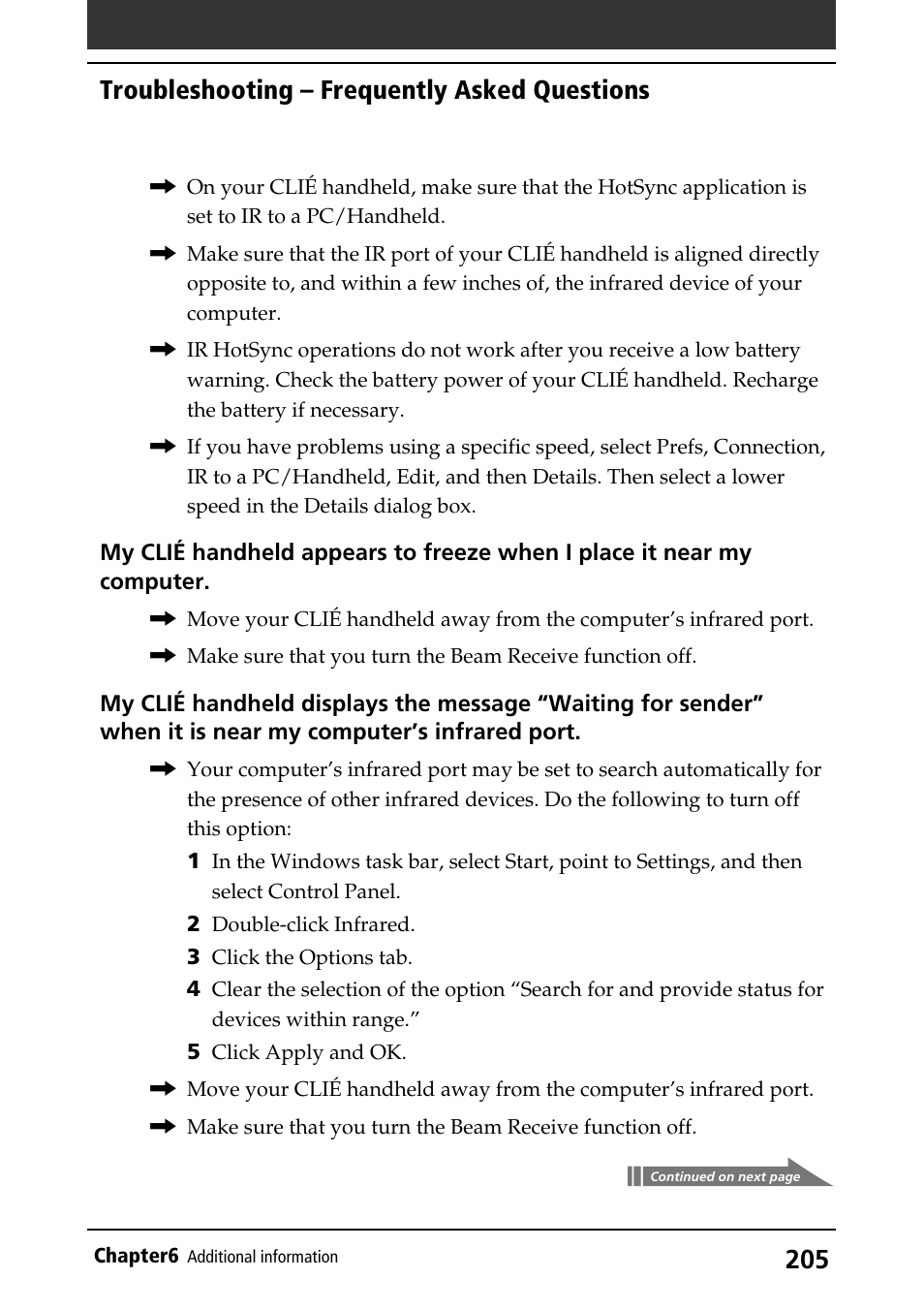 Troubleshooting – frequently asked questions | Sony PEG-S360 User Manual | Page 205 / 220