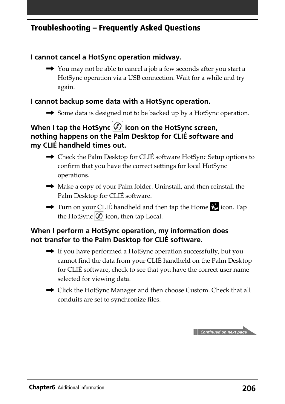 Troubleshooting – frequently asked questions | Sony PEG-S360 User Manual | Page 206 / 220