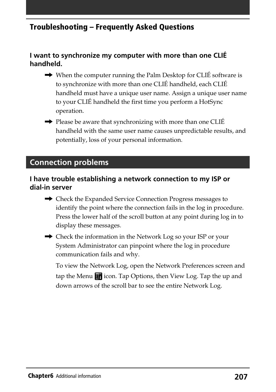 Connection problems, Troubleshooting – frequently asked questions | Sony PEG-S360 User Manual | Page 207 / 220