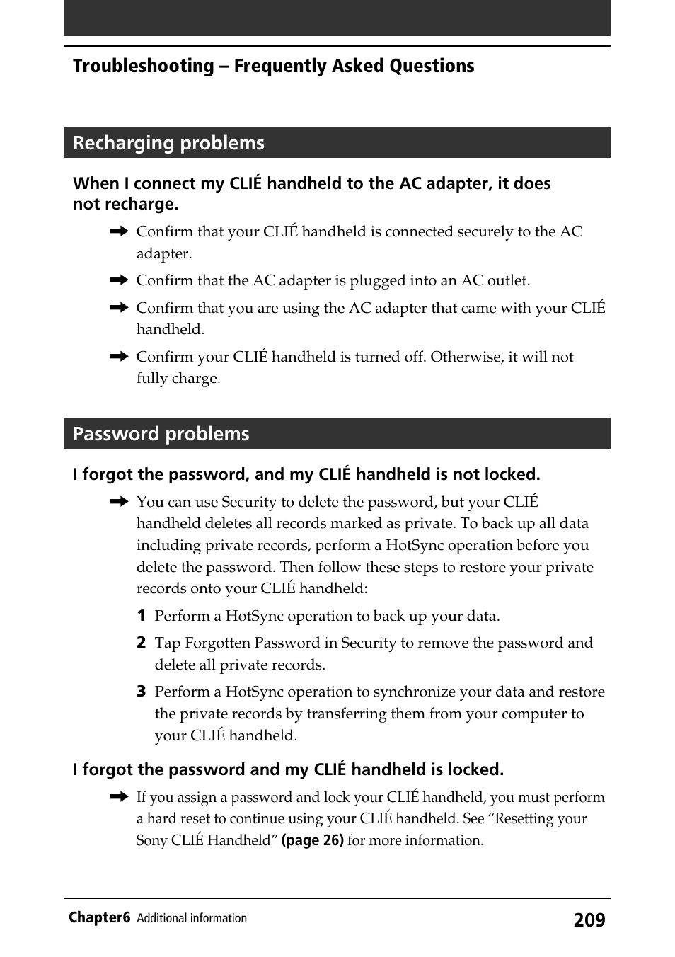 Password problems | Sony PEG-S360 User Manual | Page 209 / 220