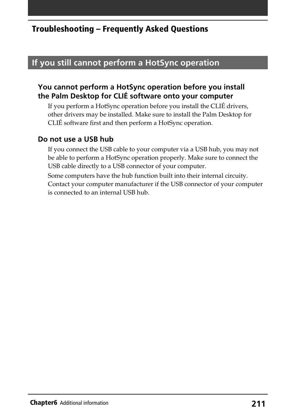 If you still cannot perform a hotsync operation, Troubleshooting – frequently asked questions | Sony PEG-S360 User Manual | Page 211 / 220