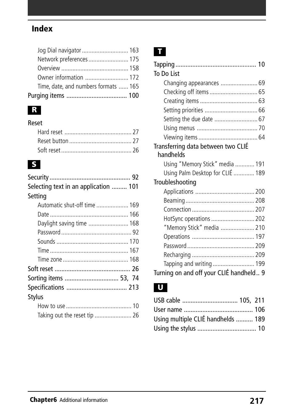 Index | Sony PEG-S360 User Manual | Page 217 / 220