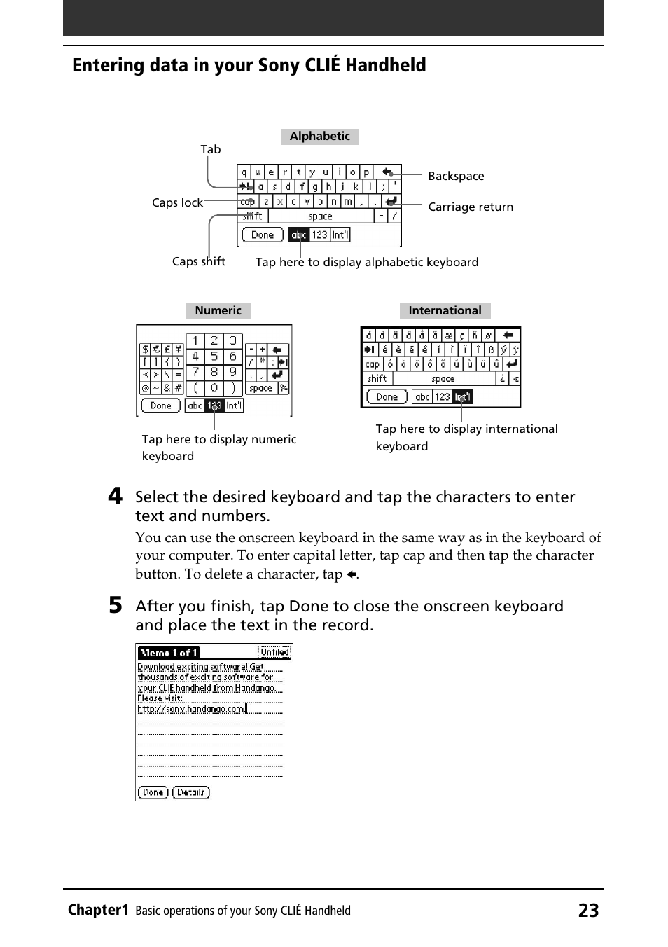 Entering data in your sony clié handheld | Sony PEG-S360 User Manual | Page 23 / 220