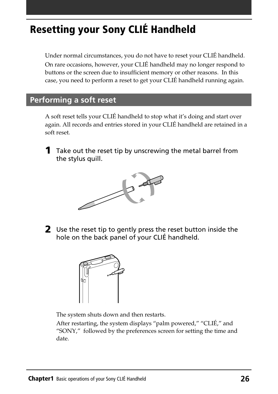 Resetting your sony clié handheld, Performing a soft reset, Resetting your sony clié handheld 26 | Sony PEG-S360 User Manual | Page 26 / 220