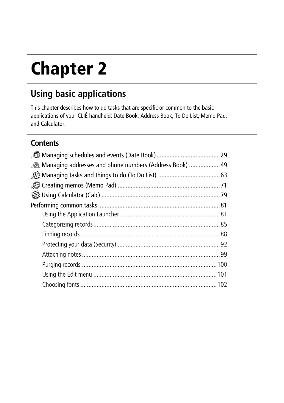 Chapter 2: using basic applications, Chapter 2, Using basic applications | Sony PEG-S360 User Manual | Page 28 / 220