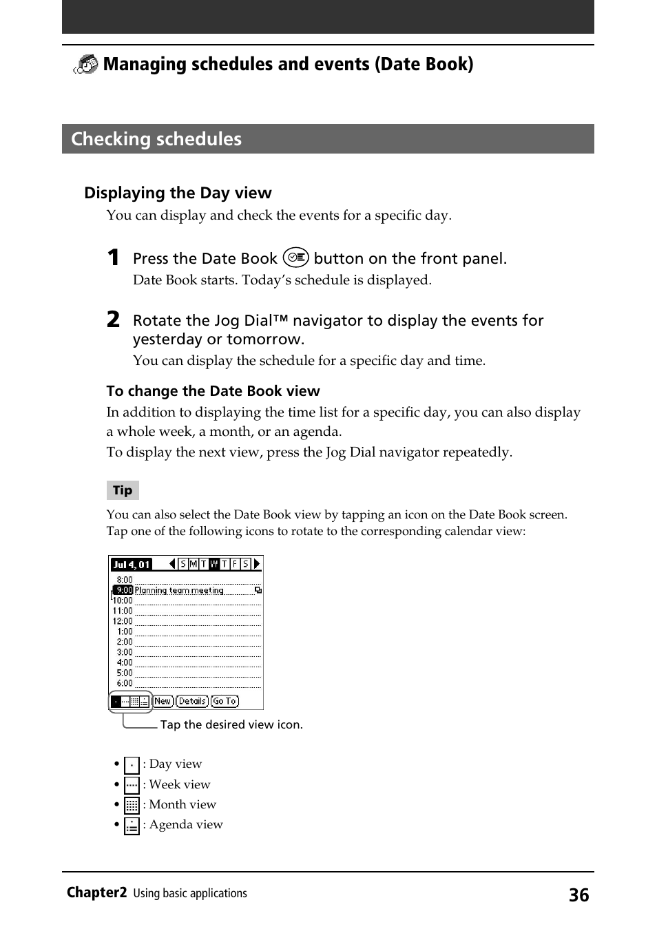 Checking schedules, 36 checking schedules, Managing schedules and events (date book) | Sony PEG-S360 User Manual | Page 36 / 220