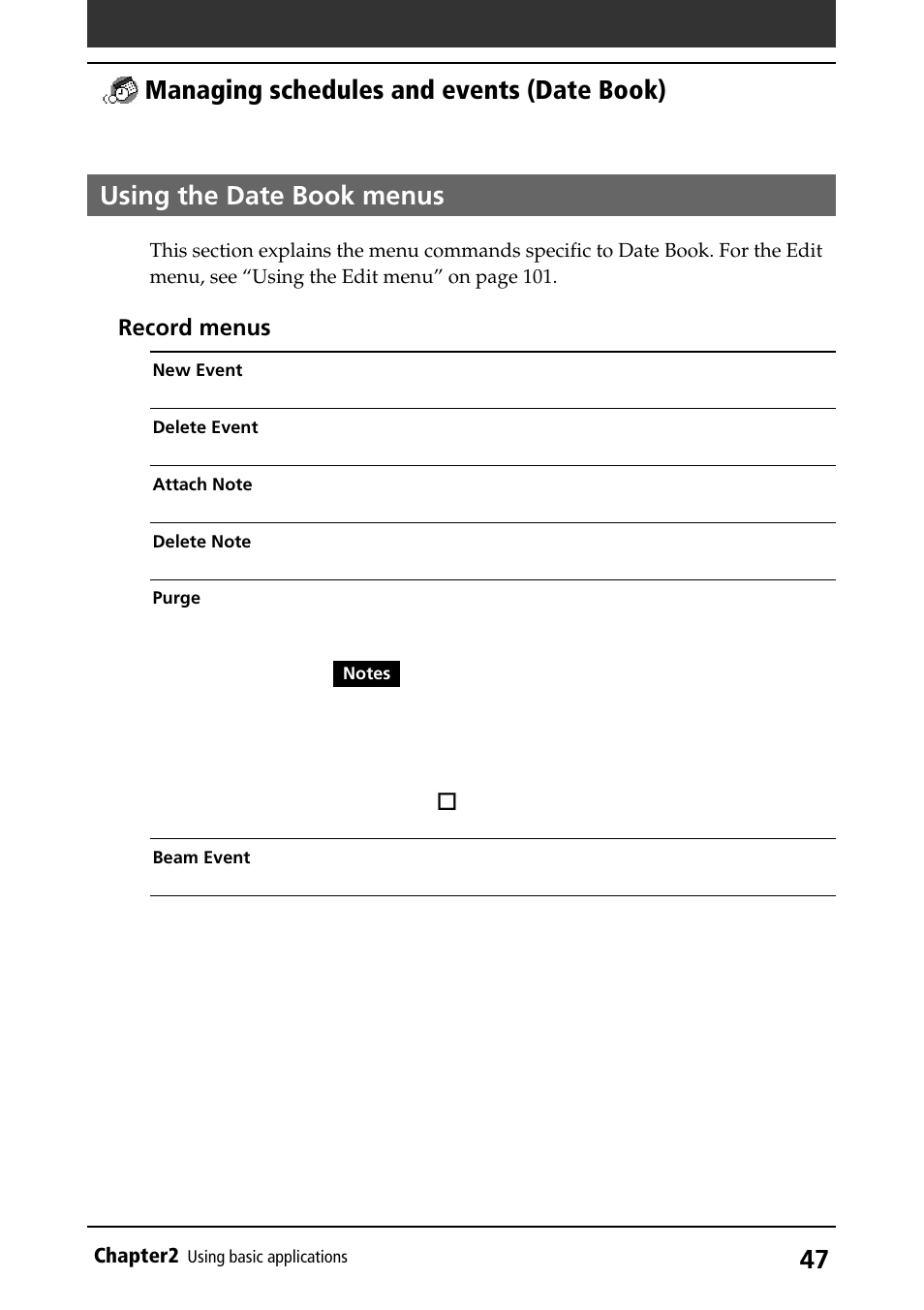 Using the date book menus, 47 using the date book menus, Managing schedules and events (date book) | Record menus | Sony PEG-S360 User Manual | Page 47 / 220