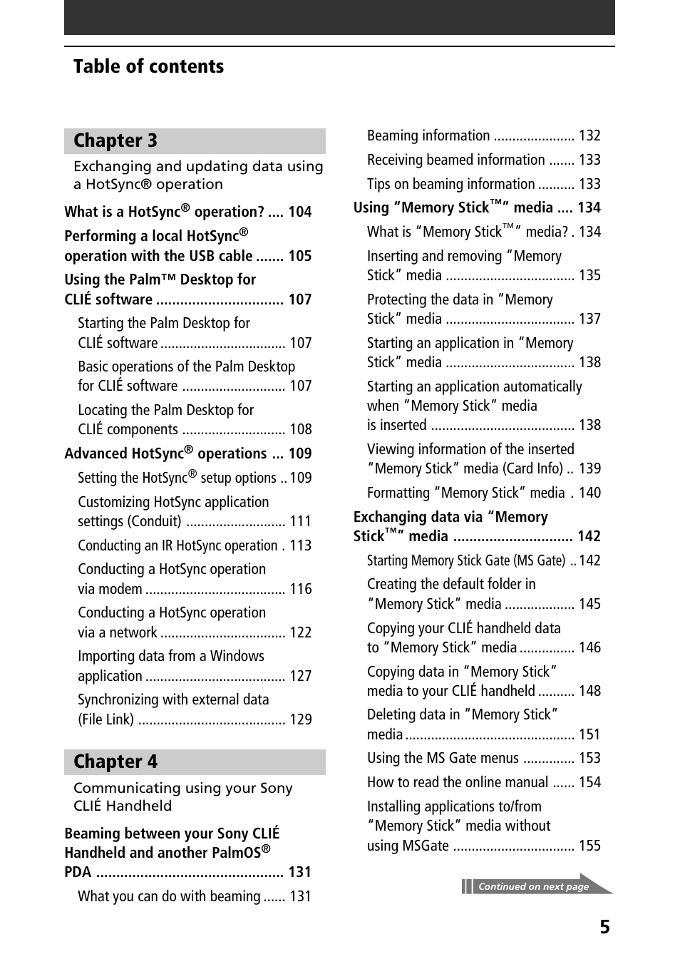 5table of contents, Chapter 3, Chapter 4 | Sony PEG-S360 User Manual | Page 5 / 220