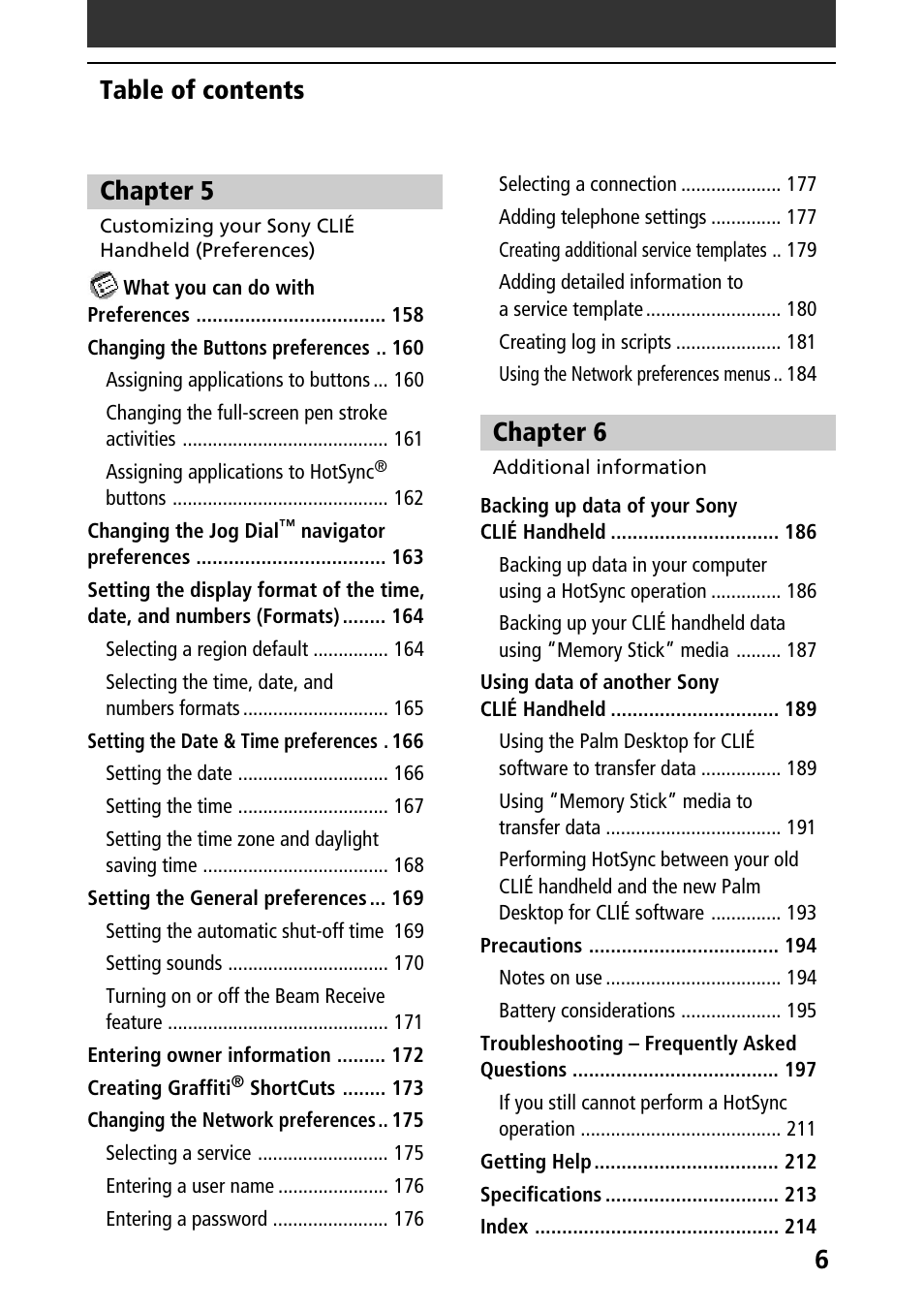 6table of contents chapter 5, Chapter 6 | Sony PEG-S360 User Manual | Page 6 / 220