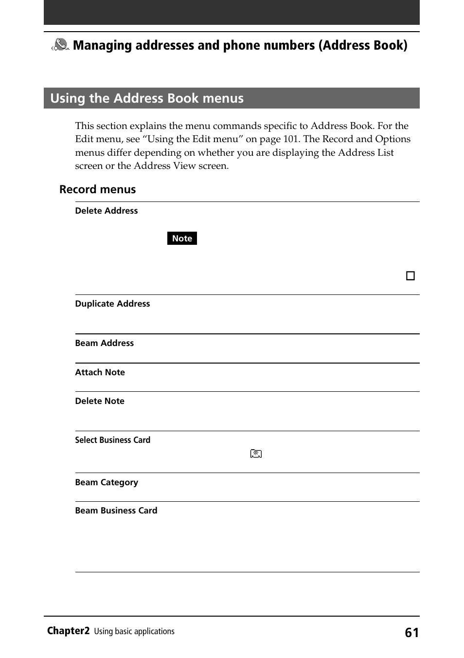 Using the address book menus, Record menus | Sony PEG-S360 User Manual | Page 61 / 220