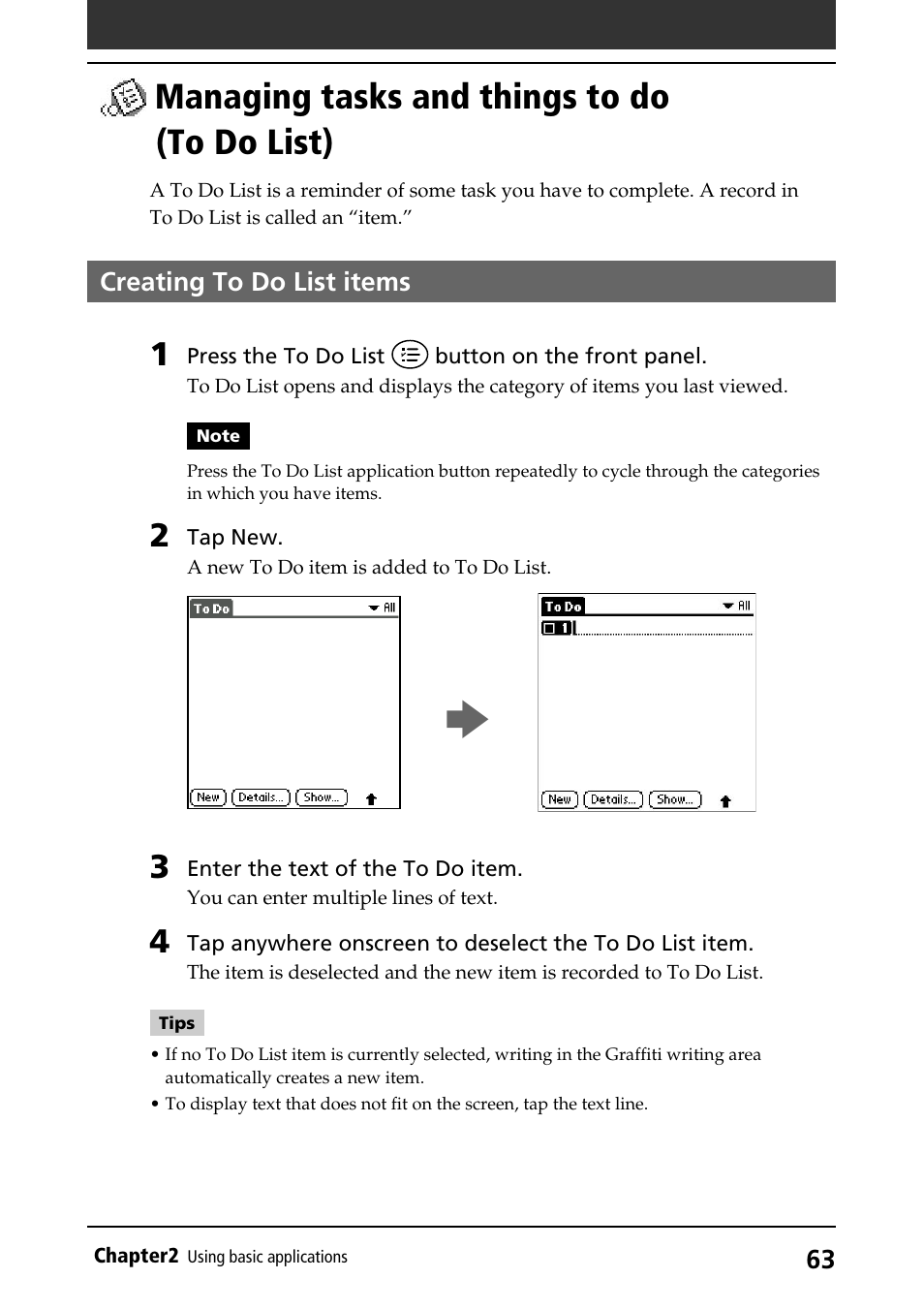 Managing tasks and things to do (to do list), Creating to do list items, Managing tasks and things to do | To do list) | Sony PEG-S360 User Manual | Page 63 / 220