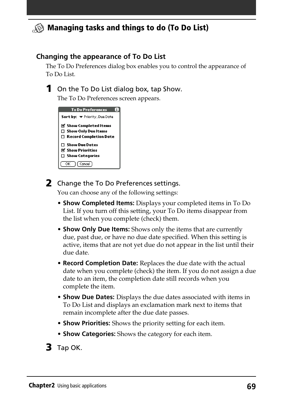 Managing tasks and things to do (to do list) | Sony PEG-S360 User Manual | Page 69 / 220