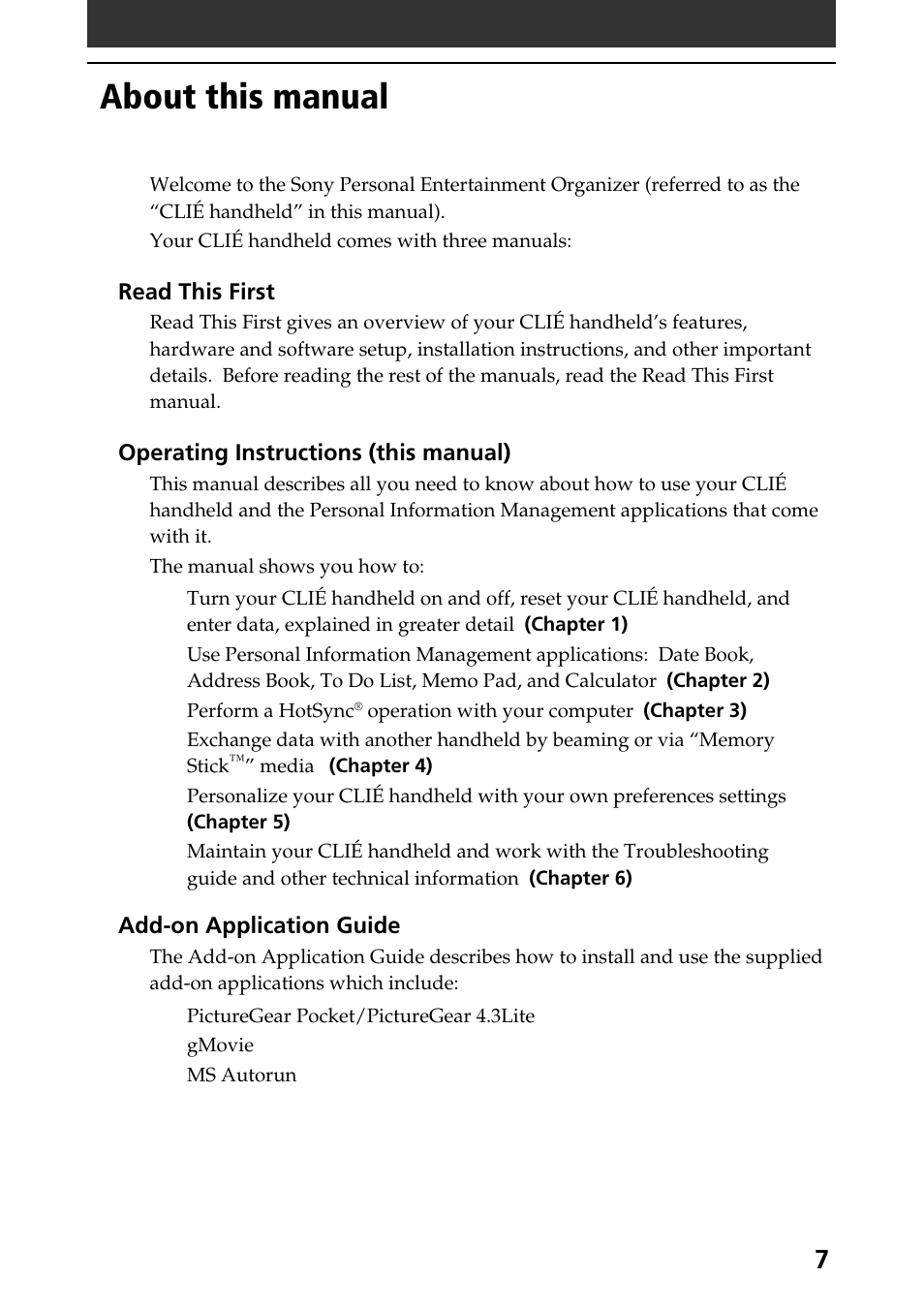 About this manual | Sony PEG-S360 User Manual | Page 7 / 220