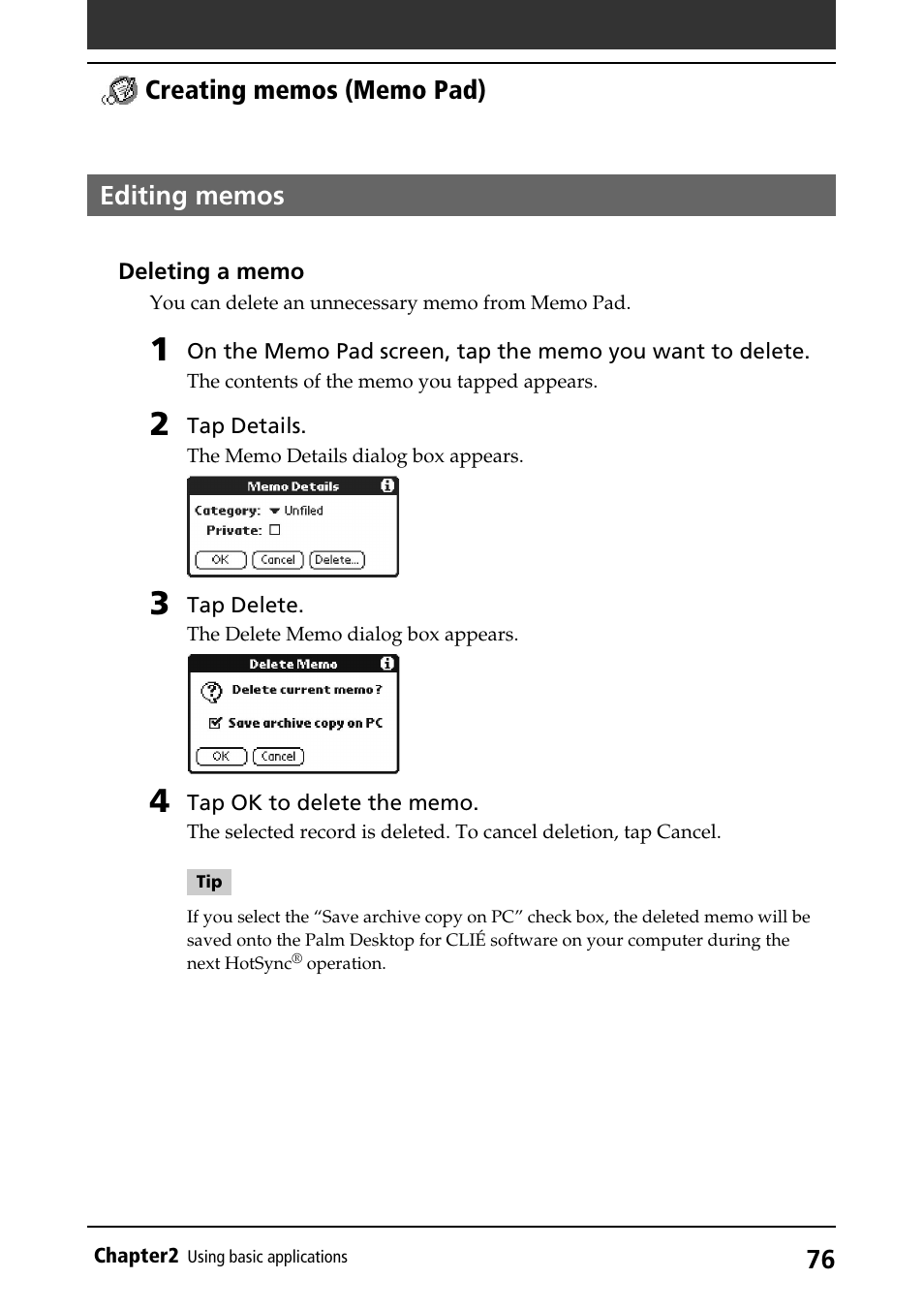 Editing memos | Sony PEG-S360 User Manual | Page 76 / 220