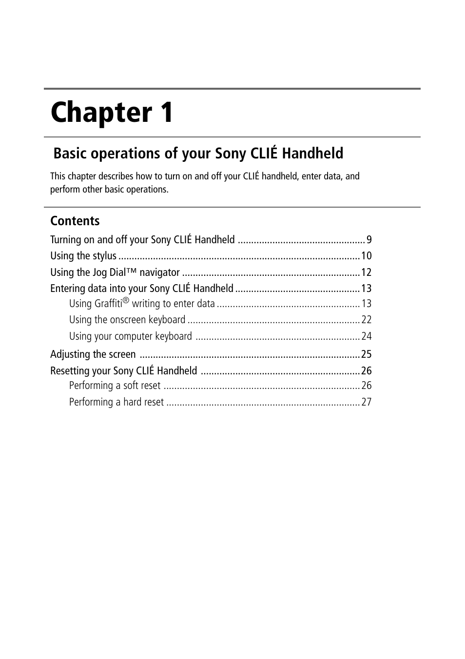 Chapter 1, Basic operations of your sony clié handheld | Sony PEG-S360 User Manual | Page 8 / 220