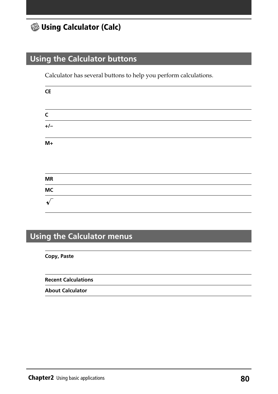 Using the calculator buttons, Using the calculator menus, Using calculator (calc) | Sony PEG-S360 User Manual | Page 80 / 220