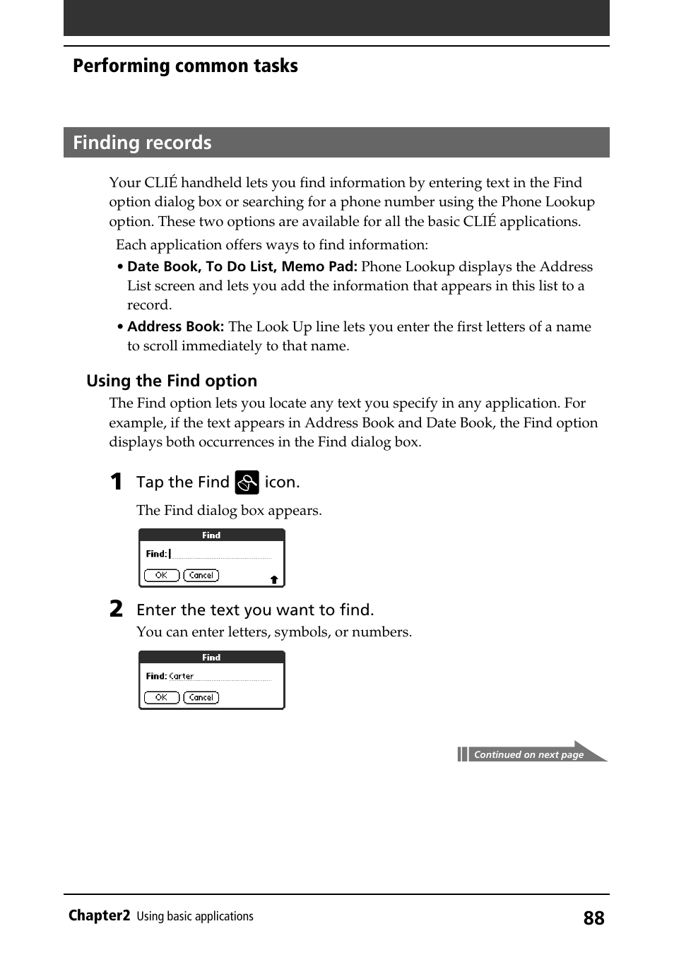 Finding records, Performing common tasks | Sony PEG-S360 User Manual | Page 88 / 220