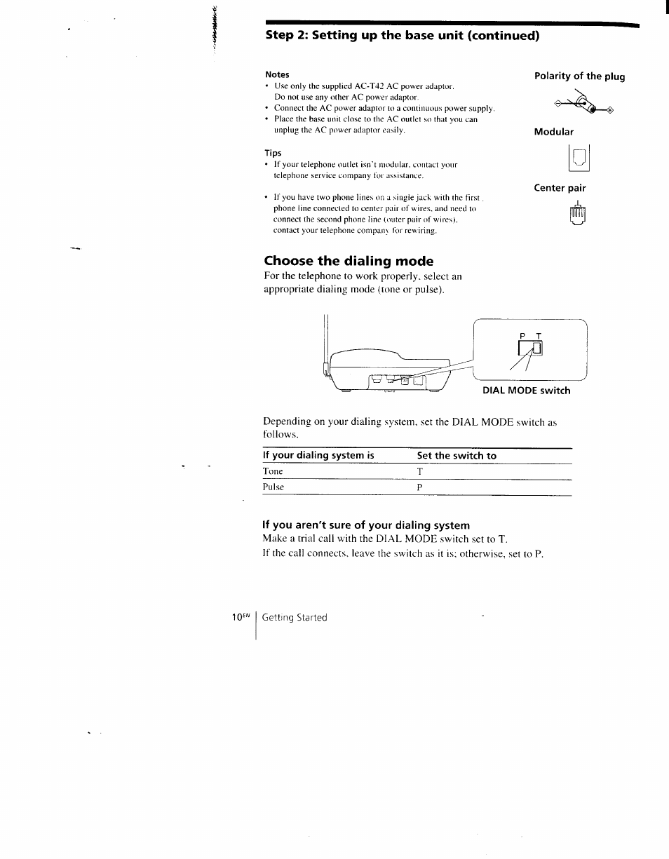 Choose the dialing mode, Step 2: setting up the base unit (continued) | Sony SPP-AQ500 User Manual | Page 10 / 84