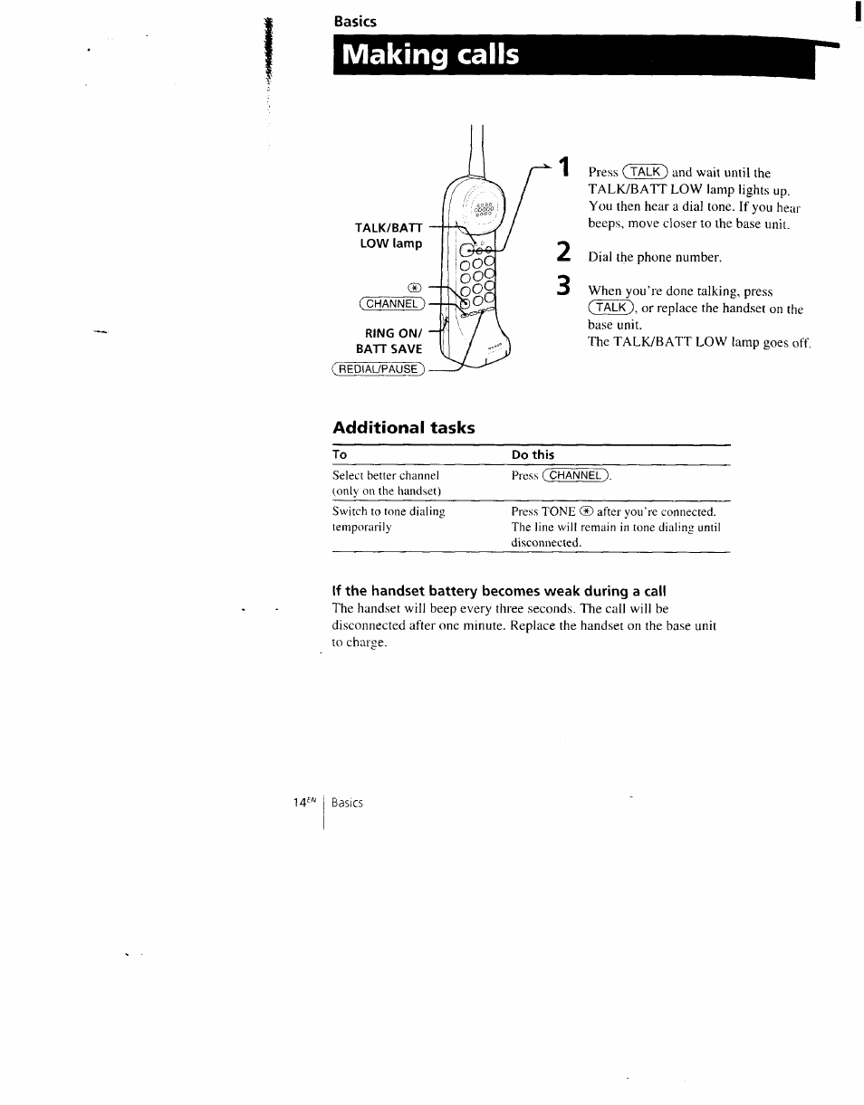 Making calls, Basics | Sony SPP-AQ500 User Manual | Page 14 / 84