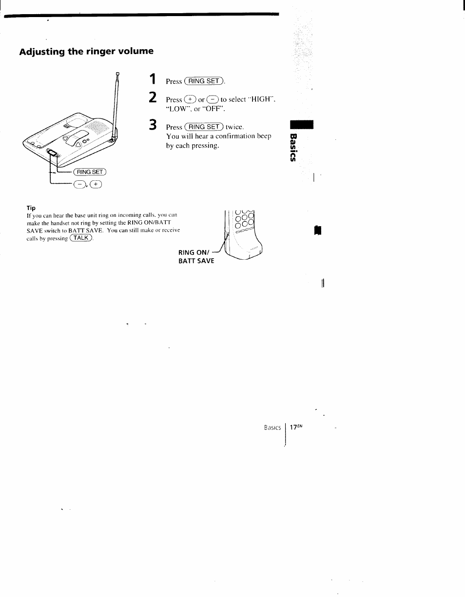 Adjusting the ringer volume | Sony SPP-AQ500 User Manual | Page 17 / 84