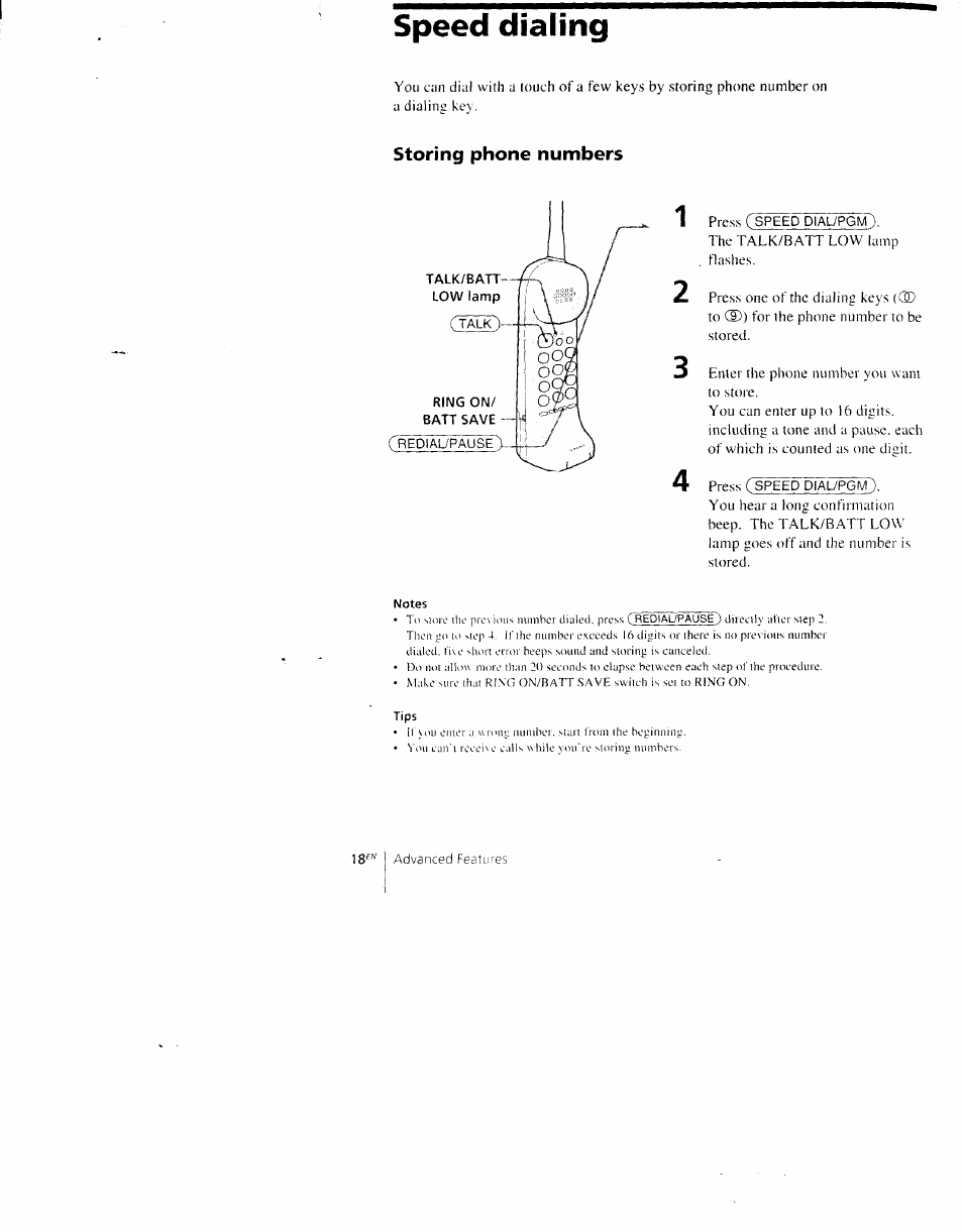 Speed dialing, Storing phone numbers | Sony SPP-AQ500 User Manual | Page 18 / 84