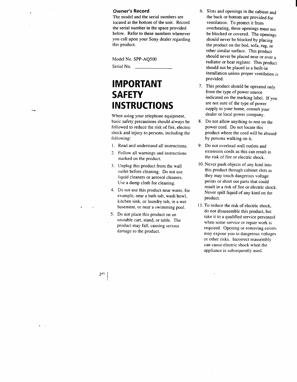 Important, Safety, Instructions | Important safety instructions | Sony SPP-AQ500 User Manual | Page 2 / 84