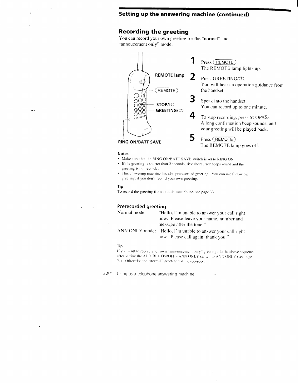 Recording the greeting | Sony SPP-AQ500 User Manual | Page 22 / 84