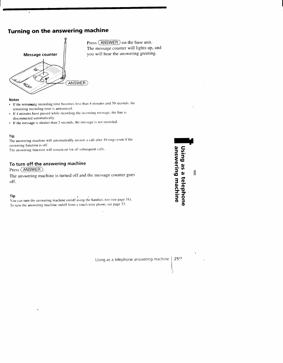 3 o m 3, Turning on the answering machine | Sony SPP-AQ500 User Manual | Page 25 / 84