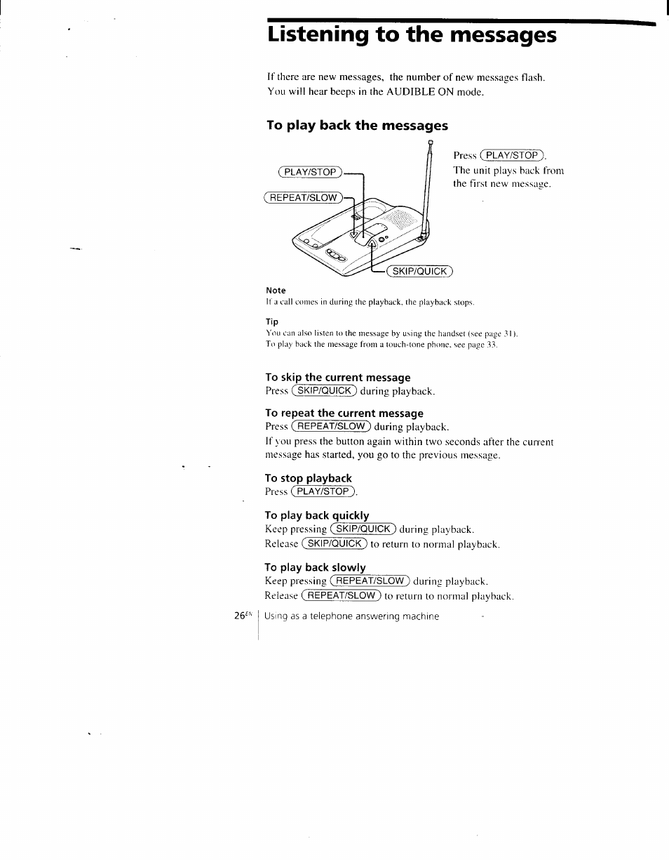 Listening to the messages | Sony SPP-AQ500 User Manual | Page 26 / 84