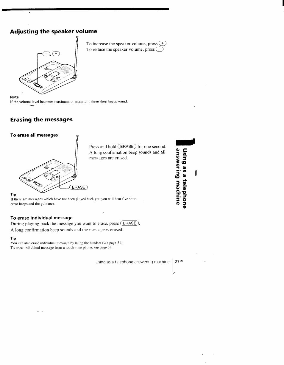 Si c, Adjusting the speaker volume, Erasing the messages | Sony SPP-AQ500 User Manual | Page 27 / 84