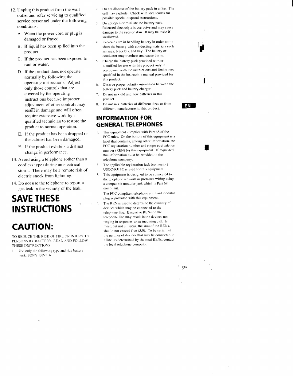 Save these instructions, Caution, Information for general telephones | Sony SPP-AQ500 User Manual | Page 3 / 84