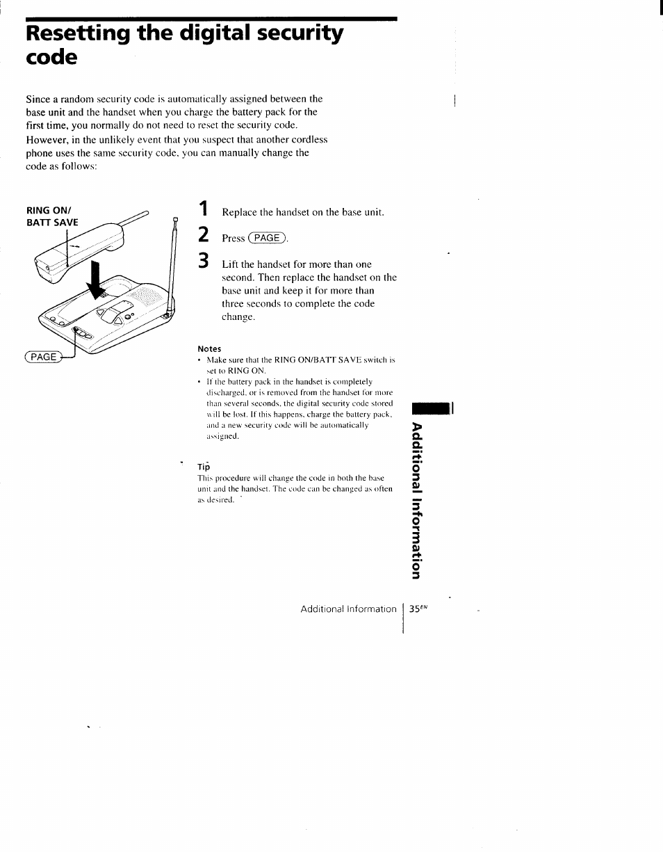 Resetting the digital security code | Sony SPP-AQ500 User Manual | Page 35 / 84