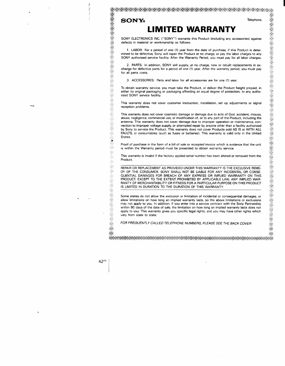 Limited warranty | Sony SPP-AQ500 User Manual | Page 42 / 84