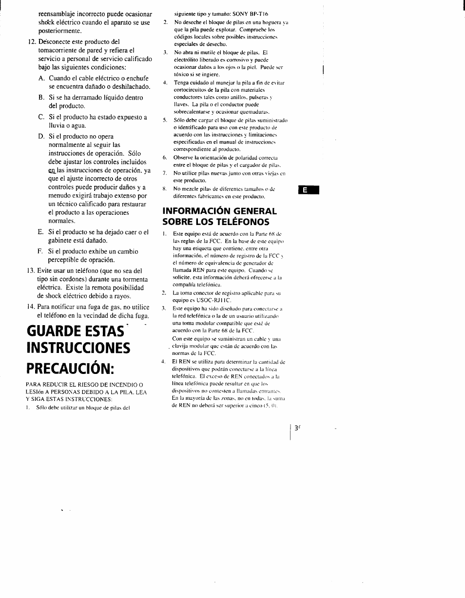 Guarde estas instrucciones, Precaución, Guarde estas instrucciones precaución | Información general sobre los teléfonos | Sony SPP-AQ500 User Manual | Page 44 / 84