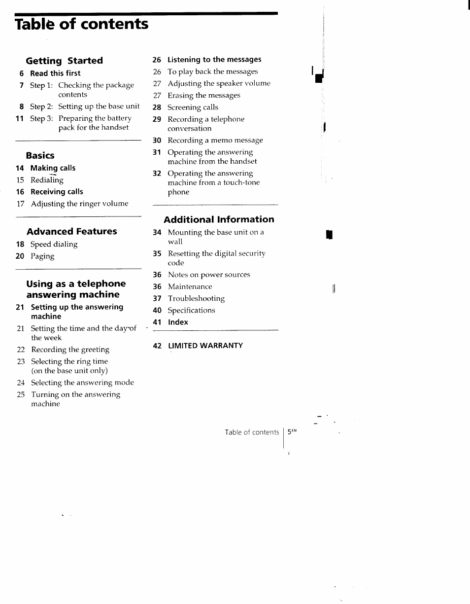 Tabl6 of contents | Sony SPP-AQ500 User Manual | Page 5 / 84