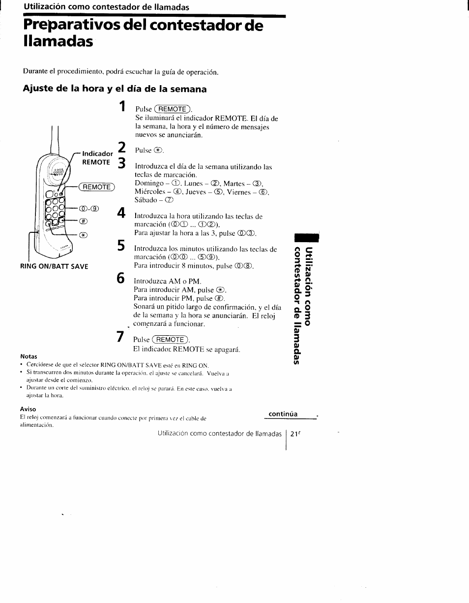 Pretiarativos del contestador de llamadas, Ajuste de la hora y el día de la semana | Sony SPP-AQ500 User Manual | Page 62 / 84