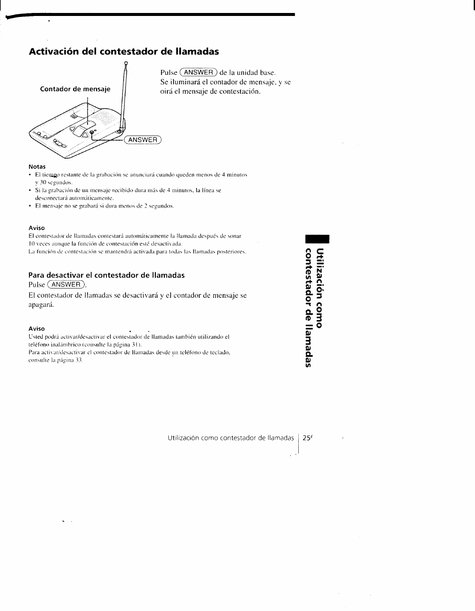 Activación del contestador de llamadas, Utilización como contestador de llamadas 25 | Sony SPP-AQ500 User Manual | Page 66 / 84